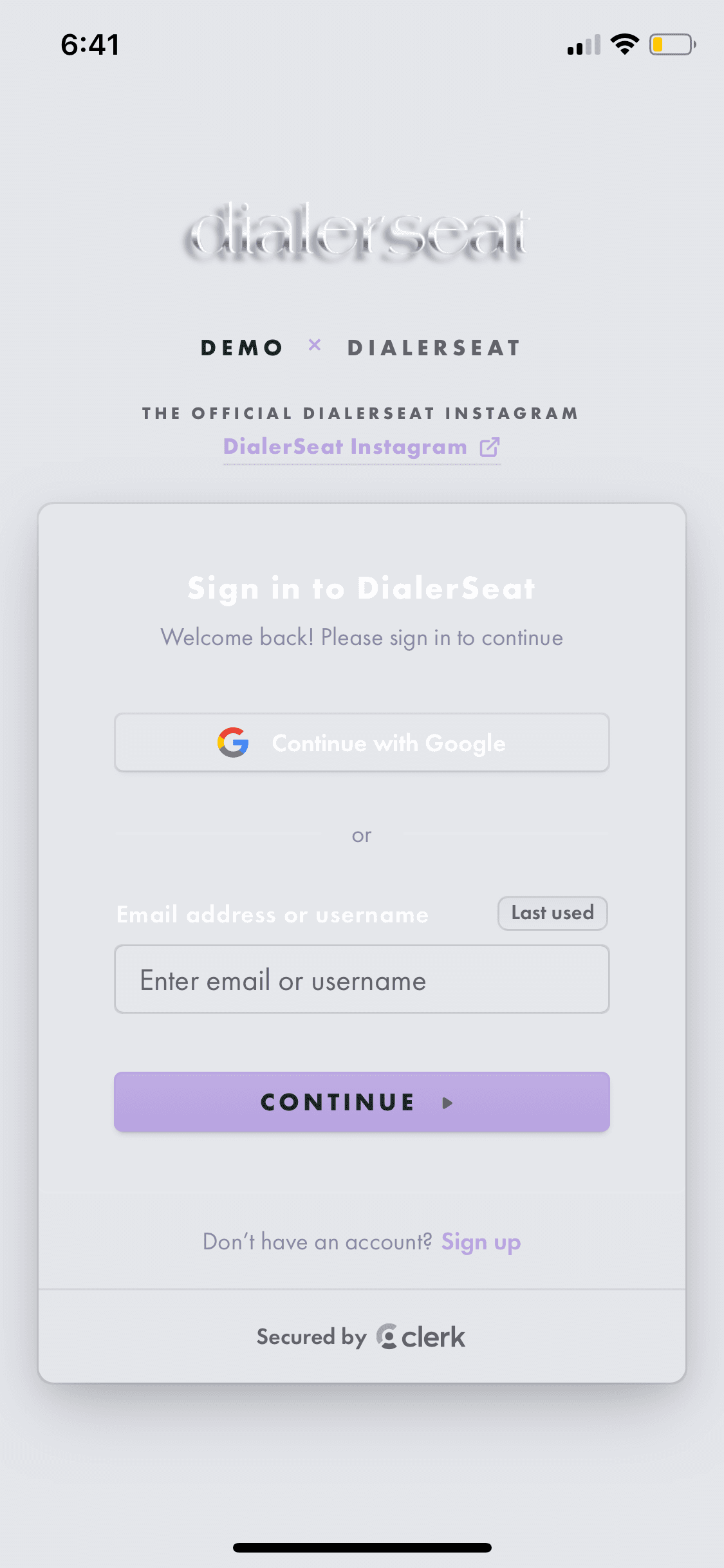 White-labeled DialerSeat mobile login screen, light theme