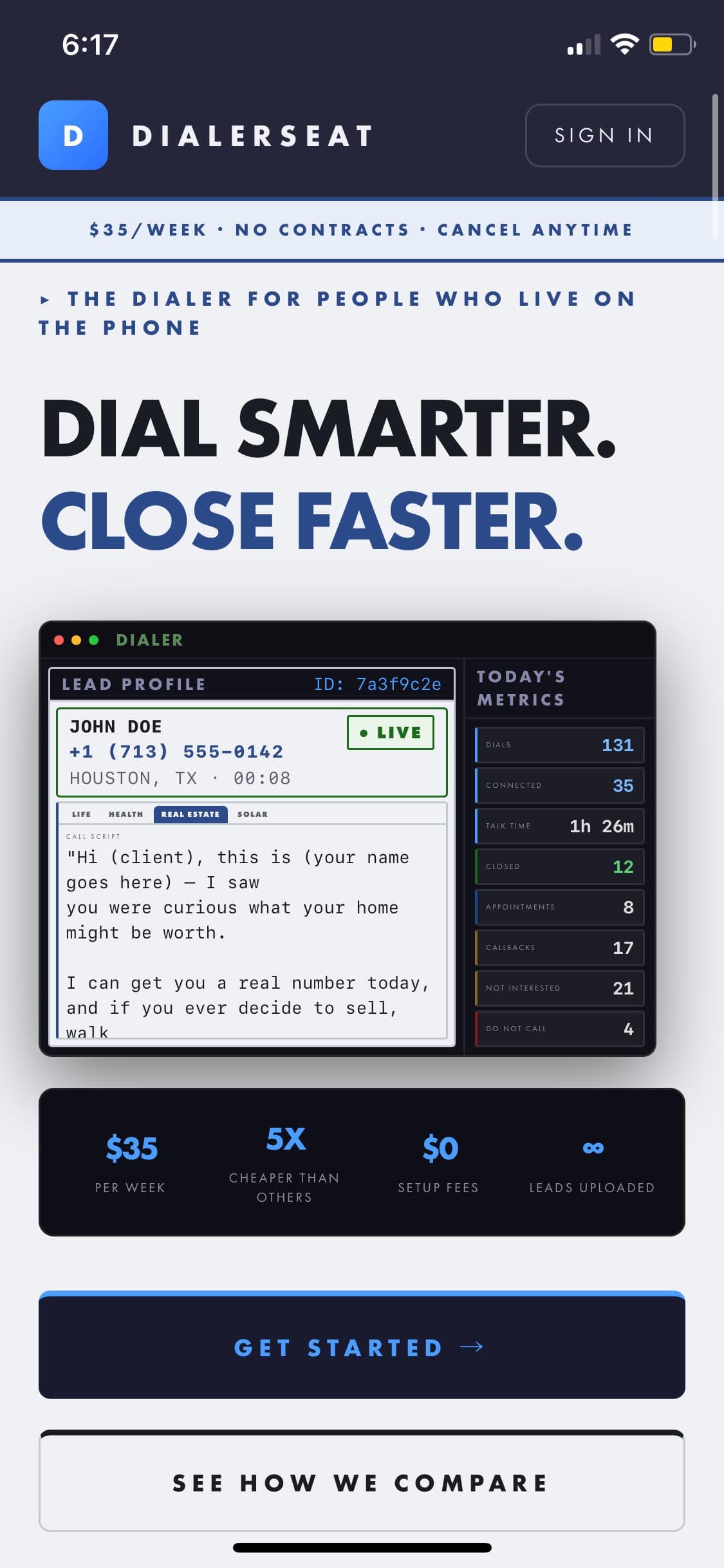 DialerSeat marketing landing page on mobile, before signing in